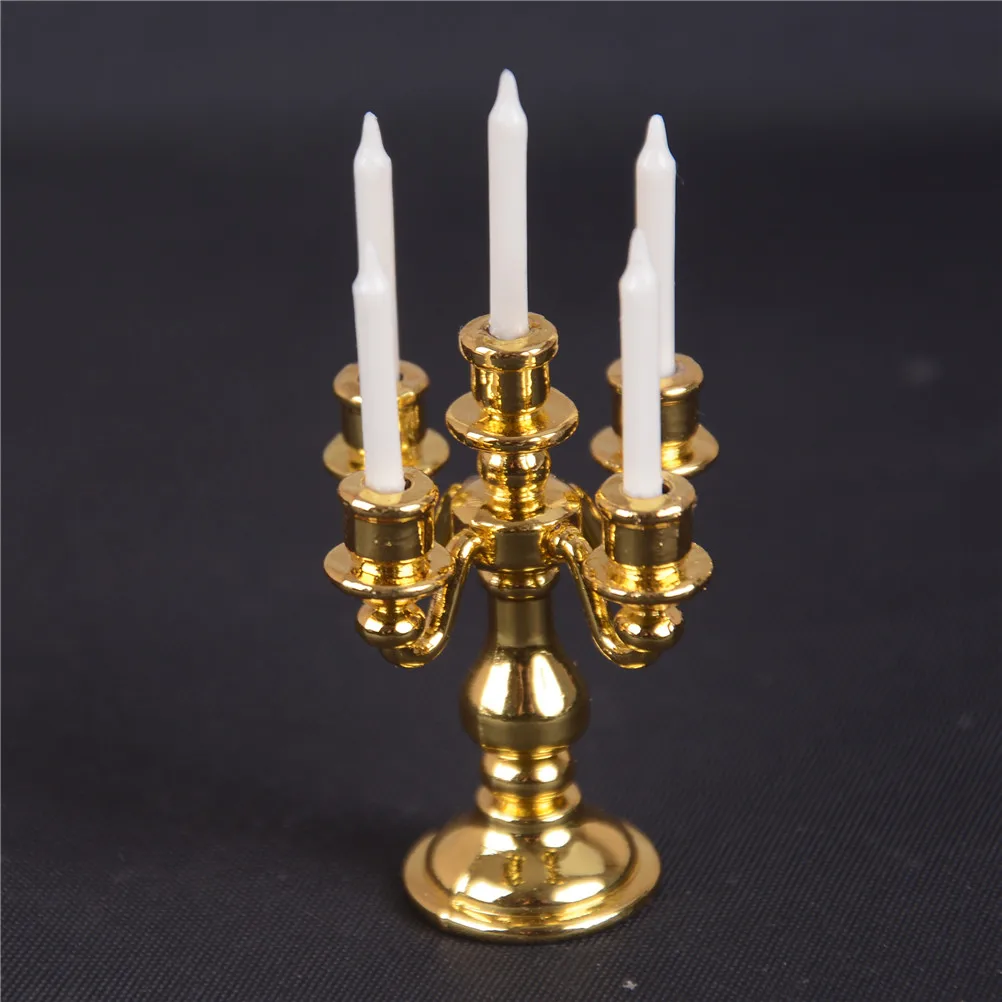 1:12 Scale Dollhouse Miniature Mini Gold Candelabra Furniture Metal Candleholder Candlesticks Model DIY Kitchen Pretend Toys 3