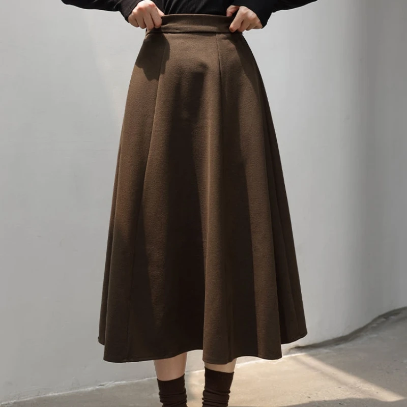 Soft Casual Solid Color Women's Tweed Vintage Elegant Halter Pleated Skirt Tie Belt Long Dress Maxi Skirt Slim Elegant Student