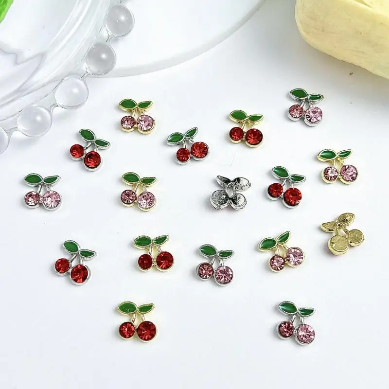 

10PCS Simulated Alloy Cherry Nail Charms Red Pink Rhinestones Inlay Nail Art Decoration for DIY French Style Nails Supplies