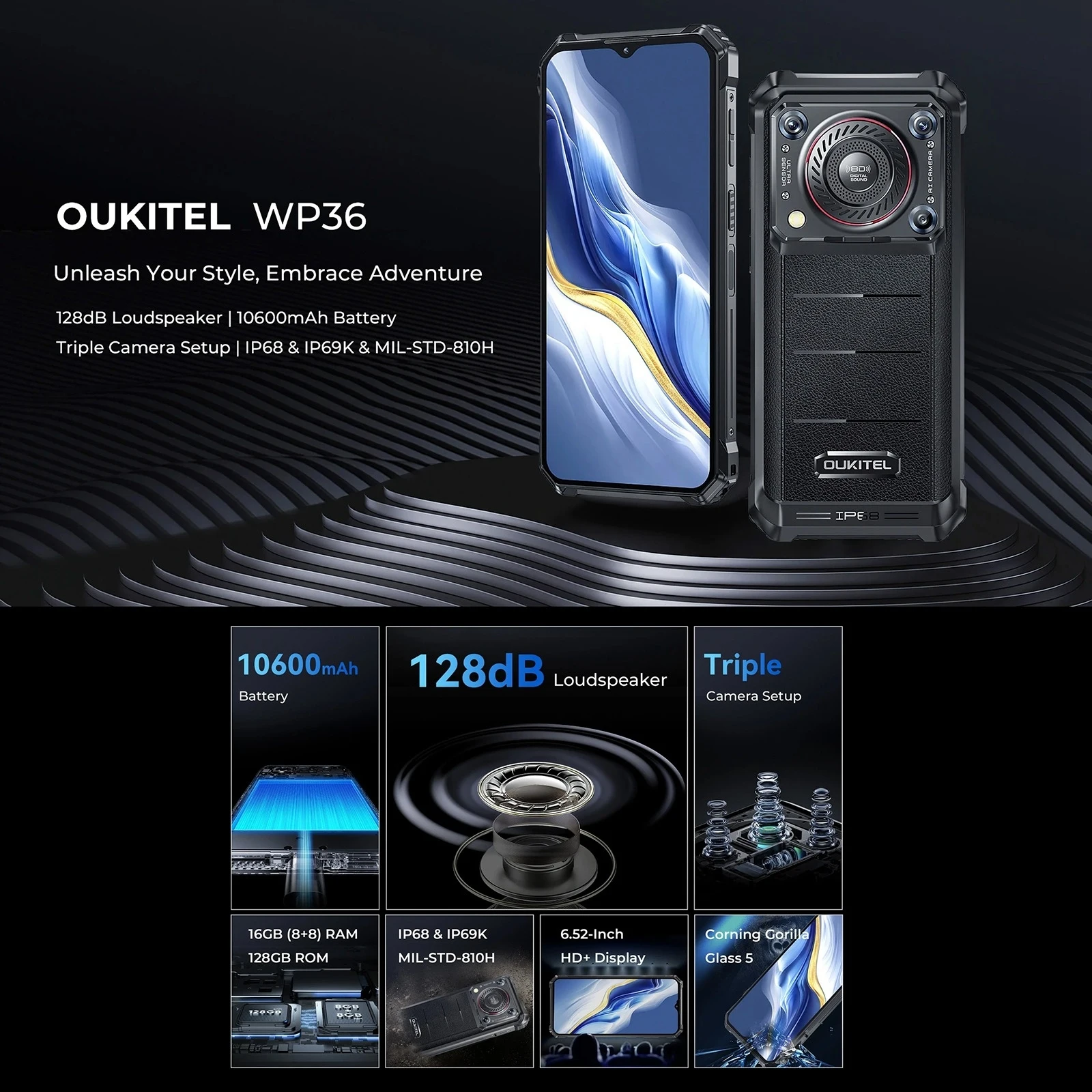 Oukitel WP36 Rugged Phone 8GB+128GB IP68/IP69K 10600mA 6.52" HD+ 13MP Camera Android 13 MediaTek MT8788 NFC 4G Smartphone