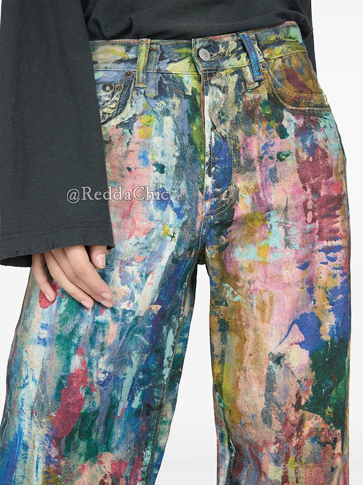 REDDACHiC Street Style Graffiti Jeans Men Distressed Rainbow Random Painting Pattern Straight Wide Leg Pants Hiphop Y2k Trousers 3
