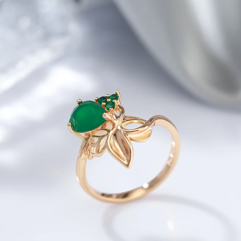 Kienl New 585 Rose Gold Flower Ring for Women Luxury Green Natural Zircon Bride Ring Vintage