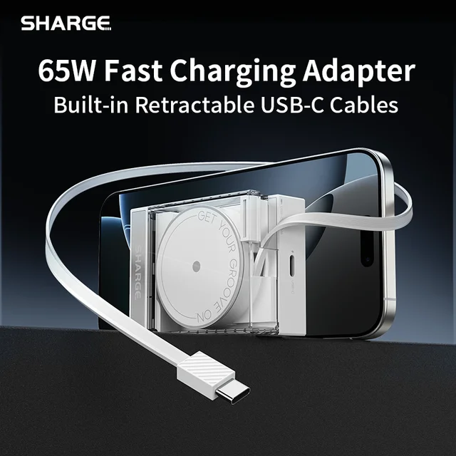 SHARGE Retractable 65W USB C Charger GaN Power