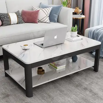 Simple rectangular imitation marble pattern wood coffee table 1