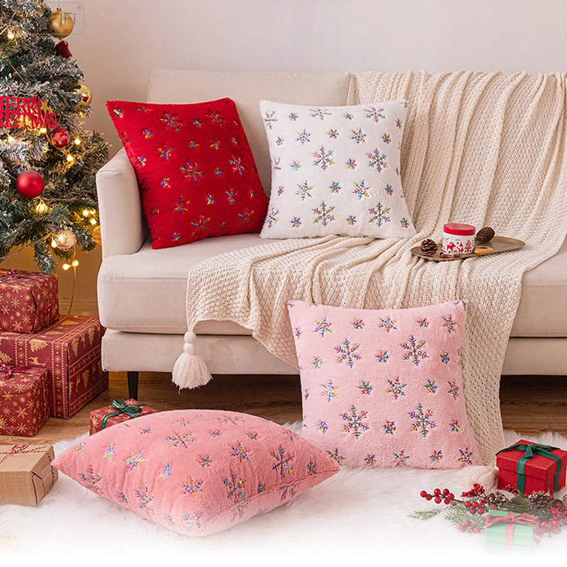 

45x45cm Sequin Christmas Decor Cushion Cover Christmas Snowflakes Fluffy Pillow Cover Home Decorative For Living Room Bed Room