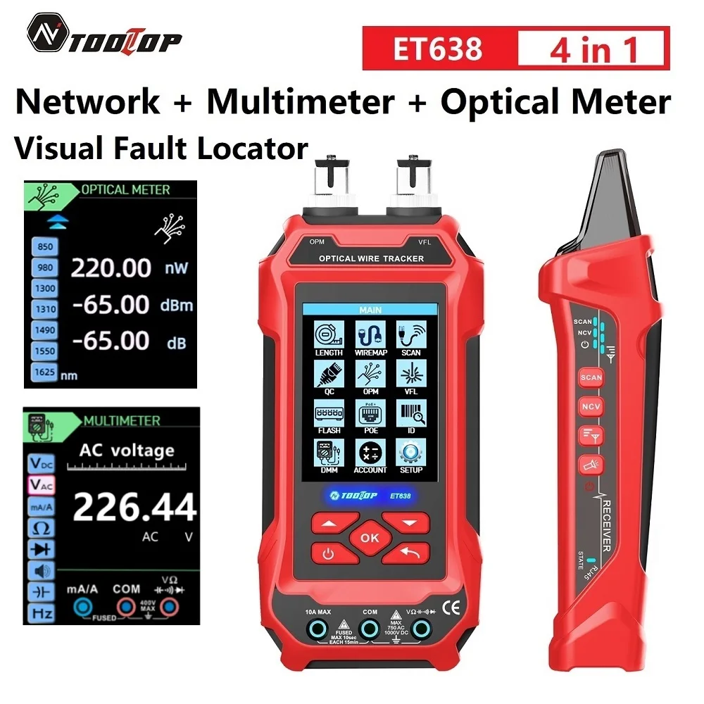 TOOLTOP ET 636 Multifunctional Network Cable Tester 60000 Counts Multimeter Optical Power Meter 10W Vistal Fault Locator 4 in 1