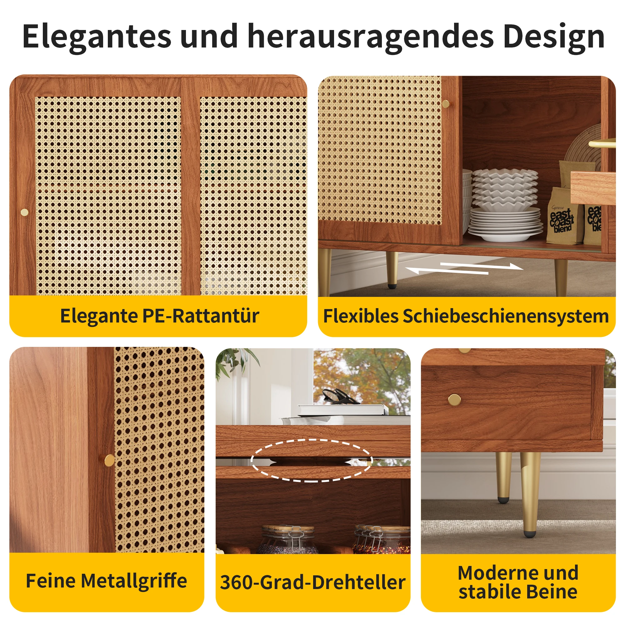 360 ° Drehbarer Bartisch (Hauptkörper: 107 x 40 x 71,4 cm), brauner Bartisch mit ausziehbarem Design, Aufbewahrungsschrank mit Rattantür – Detail 11