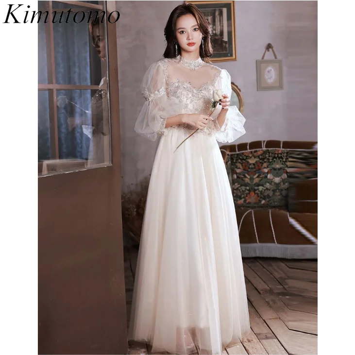 

Kimutomo, сказочное Сетчатое платье с бусинами, сказочные платья с рукавами-фонариками для выпускного вечера, корейское элегантное женское платье для свадебной вечеринки