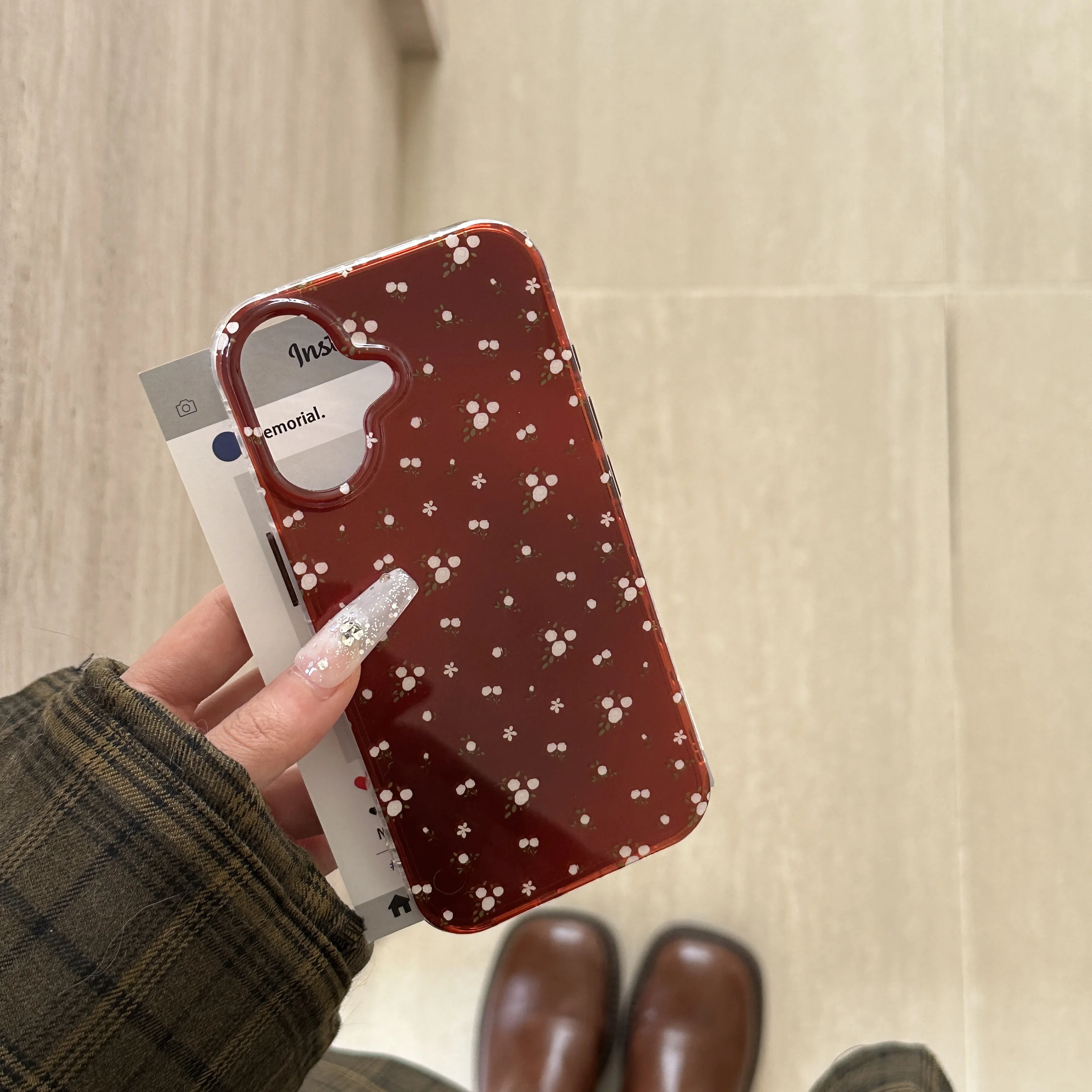 Korean INS Wine Red Floral Fragments Phone Case for iPhone 16 15 14 13 Pro Max Back Cover Funda