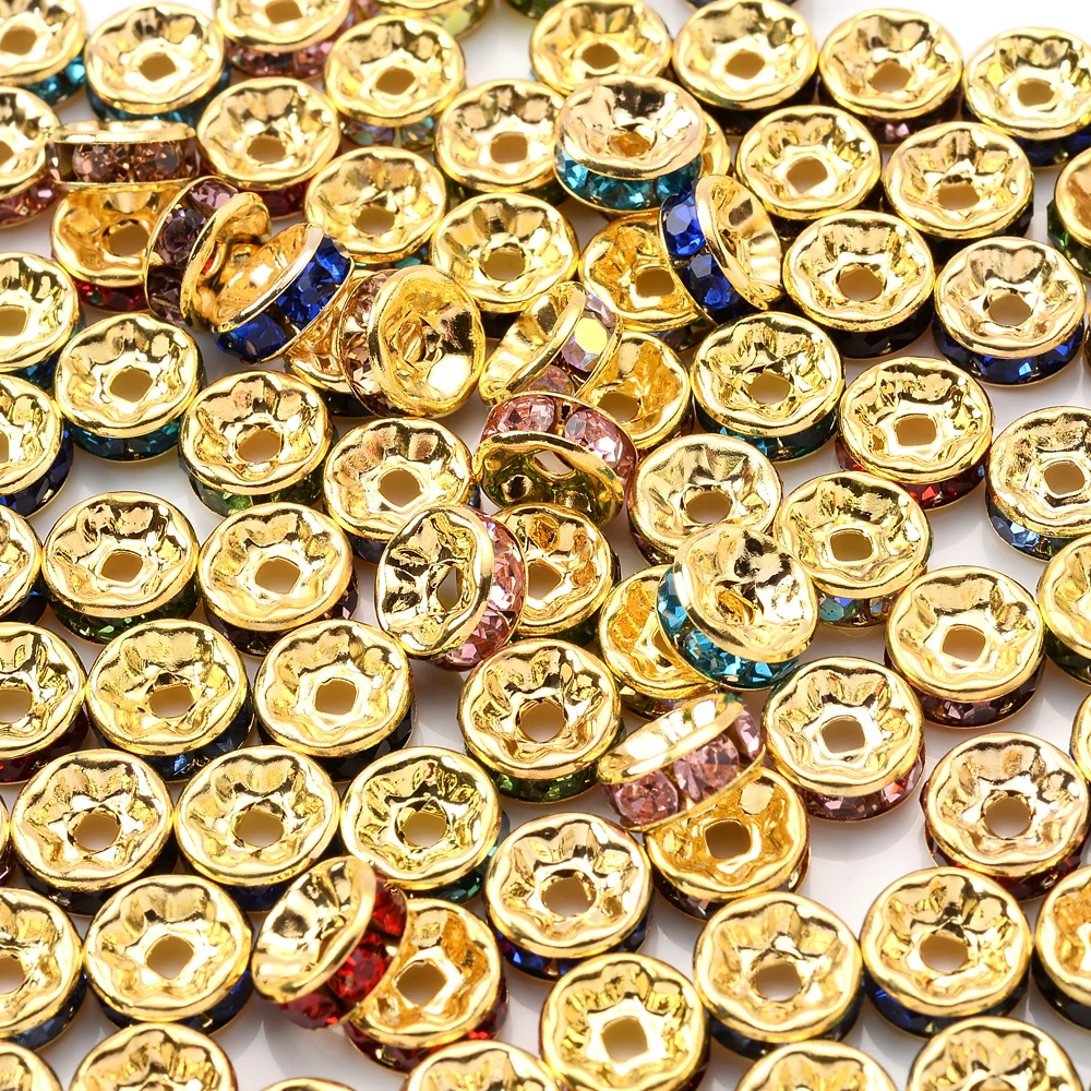 50pcs 4/6/8mm Gold Rhinestone Rondelles Crystal Metal Beads Round Loose ...