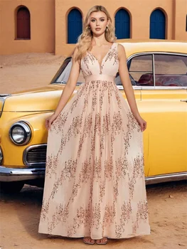 فستان سهرة جديد فاخر باللون البيج ترتر على شكل حرف v للنساء من الشيفون لحفلات الزفاف وحفلات التخرج بطول الأرض فساتين وصيفة العروس لحفلات الكوكتيل