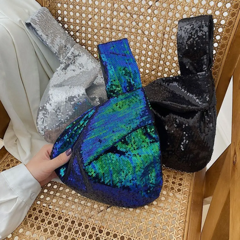 

Glitter Knot Wrist Bag Simple Bucket Bag Korean Style Tote Bag Evening Clutch Solid Color Sequin Handbag Girl