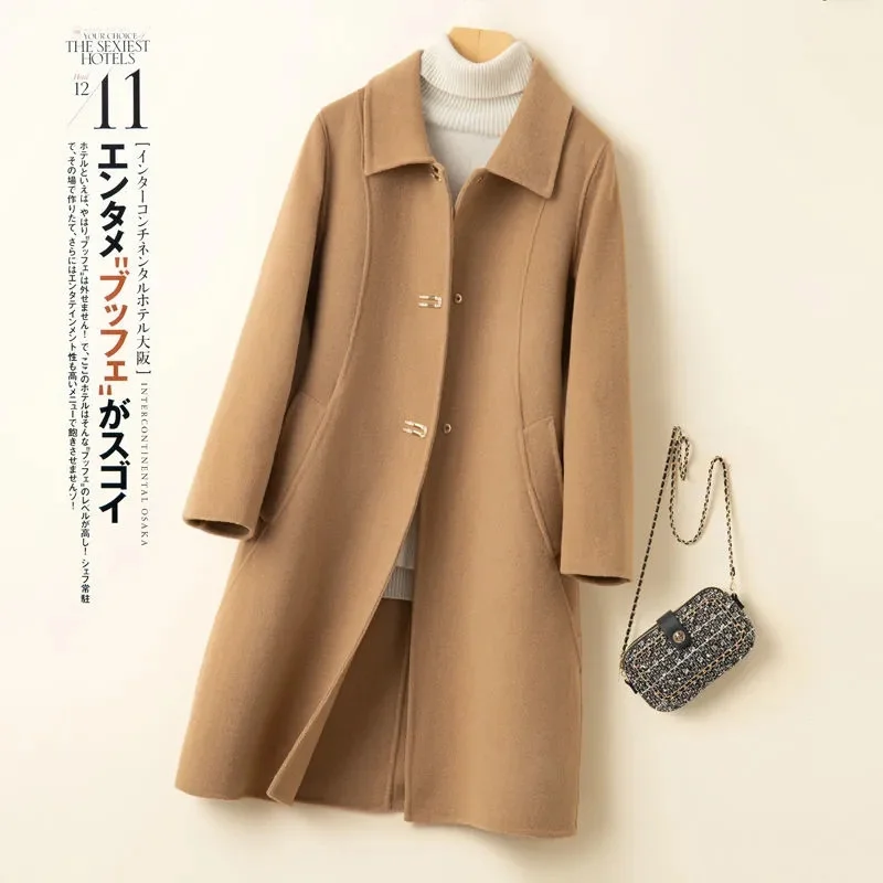 2023 Winter Warm Coat Women Fashion Mid Length Wool Coat Elegant Single Breasted Solid Jacket Female Casual Thicken Outwear