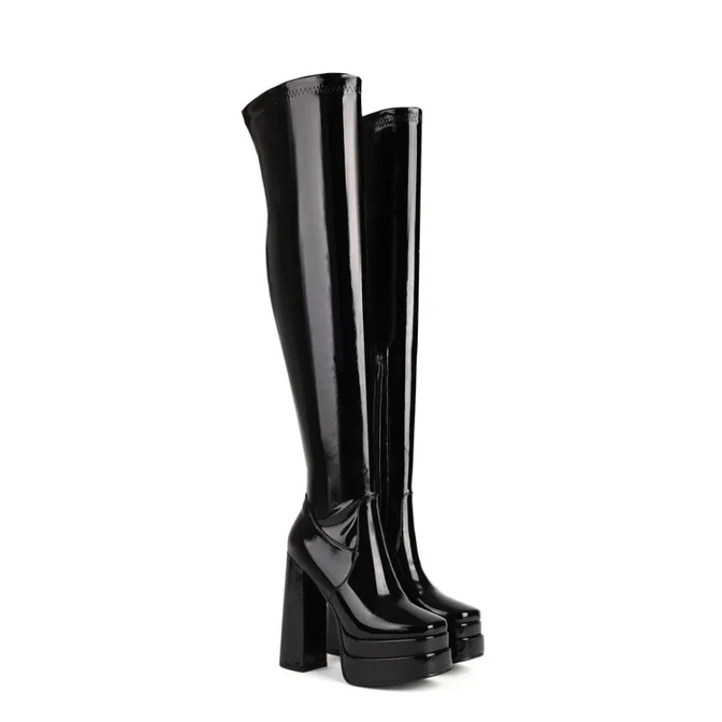 

15cm Thick Heel Over Knee Length Boots Steel Pipe Dance Bar Sexy Zip Boots Waterproof Platform Super High Heel Thigh Boots 34-48