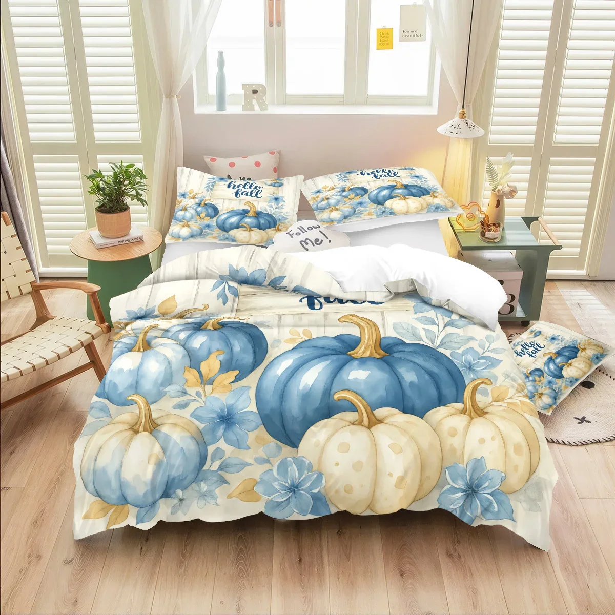 3 Pcs Harvest Pumpkin Printed Down Duvet Covers, 1 Down Duvet Cover+2 Pillowcases, No Core. Soft and Comfortable Bedding Set