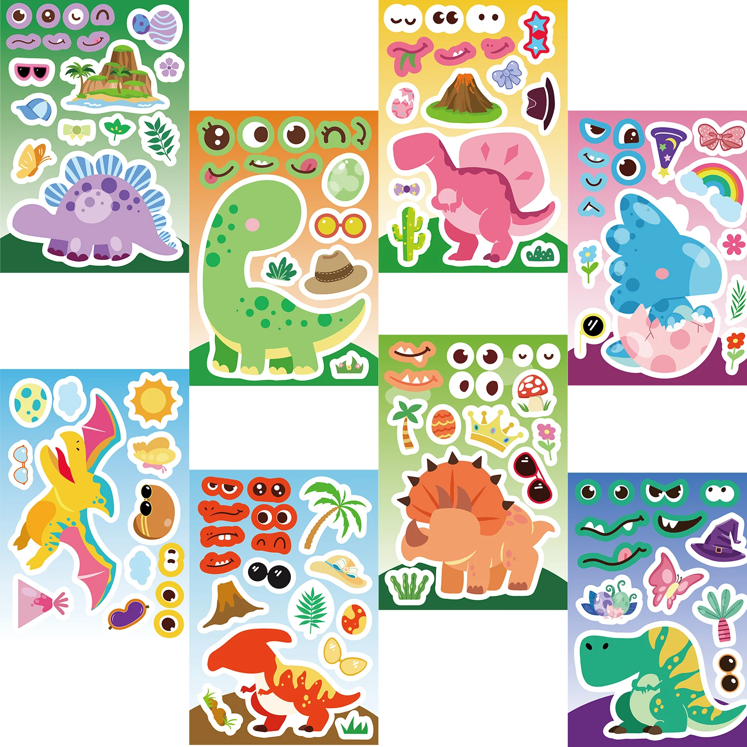 8 Blatt DIY Make-a-Face Dinosaurier Puzzle Aufkleber Spiele Lustige Tier Cartoon Montieren Puzzle Für Lernspielzeug – Detail 6