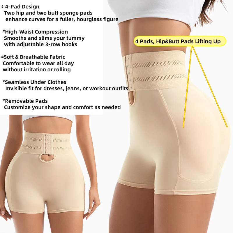 Women's Padded Butt Lifter Body Shaper With 4 Sponge Pads Tummy Control Shapewear Panties With Waist Cincher And Hook Closure_voghion.com