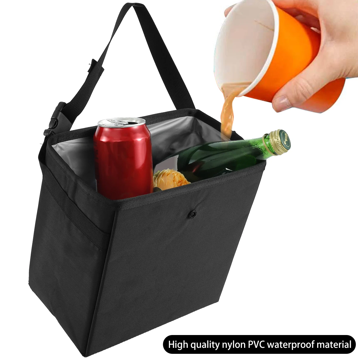 Waterproof Black Nylon Car Trash Bag Foldable Hanging Storage
