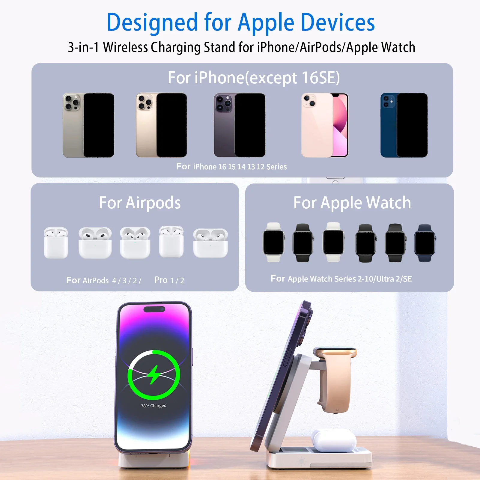 New 3-in-1 Wireless Charger, Compatible for Iphone12/13/14/15/16 Series, Compatible for Apple Watch2/3/4/5/6/7/8/9/10/Se/Ultra,