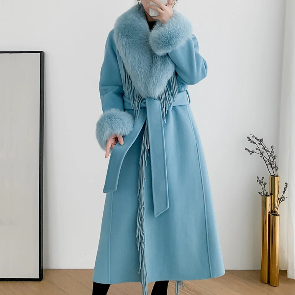 FURYOUME Winter Women Real Fur Coat Jacket X-long Tassel Cashmere Wool Blends Female Lady Trench Belt Fox Fur Collar Streetwear