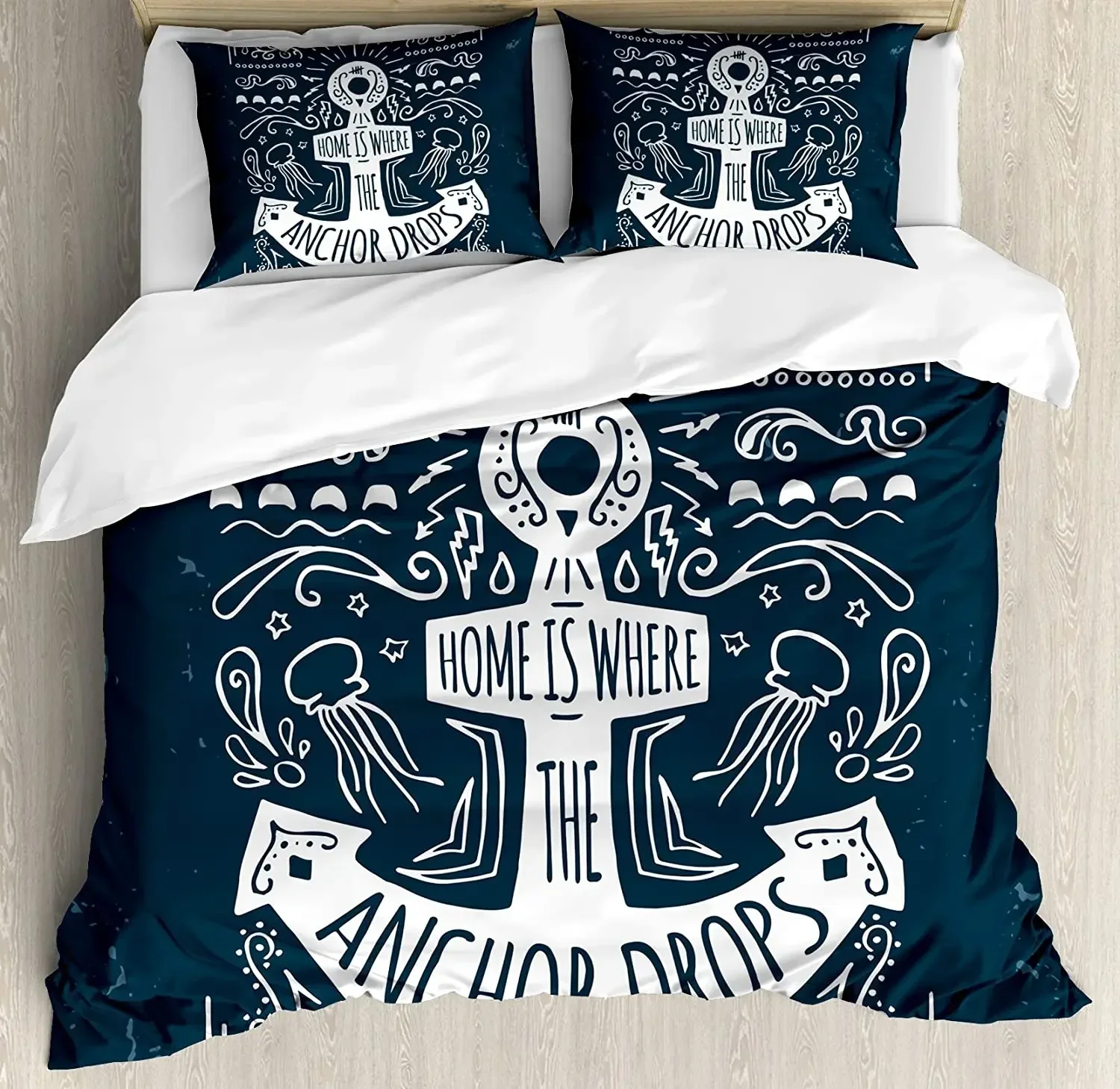 Nautical Anchor Ship Lighthouse Whale Art 3pcs Bedding Set For Double Bed Home Textile Duvet Cover Quilt Cover Pillowcase
