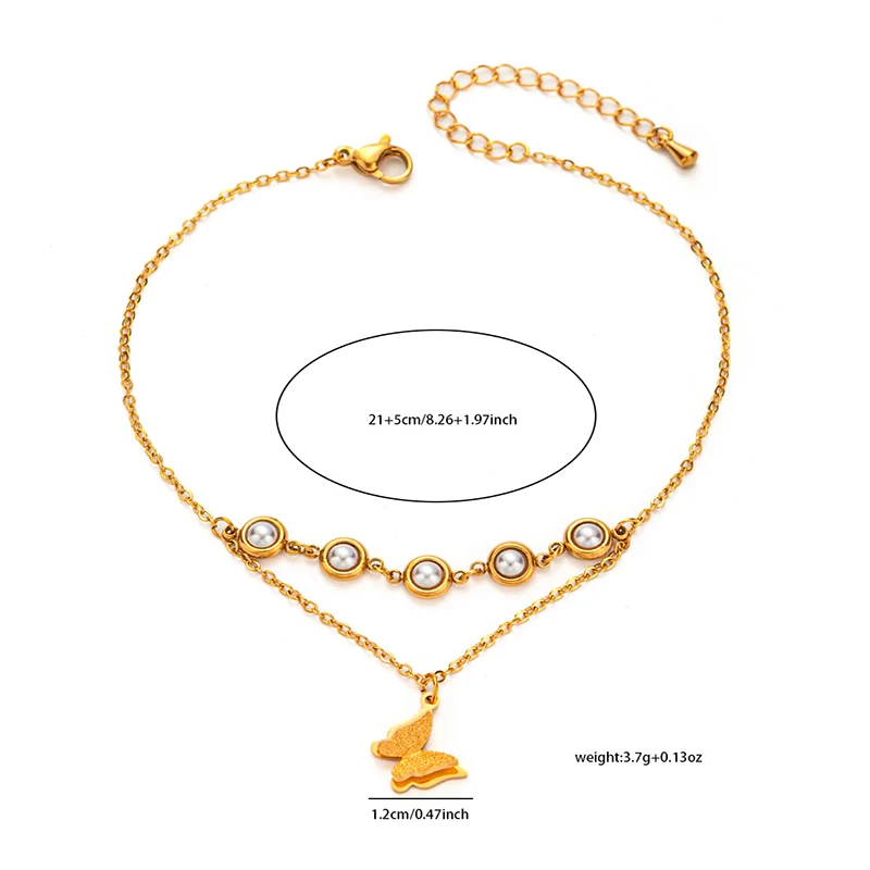 ANENJERY 316L Stainless Steel Imitation Pearls Butterfly Flower Tassels Anklet for Women Delicate Simple Jewelry Wholesale