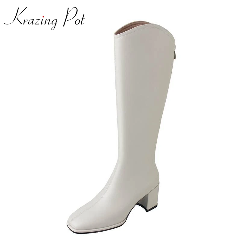

Krazing Pot New Microfiber Round Toe Med Heels Stretch Long Boots Simple Style Platform Stovepipe Mature Zipper Thigh High Boots