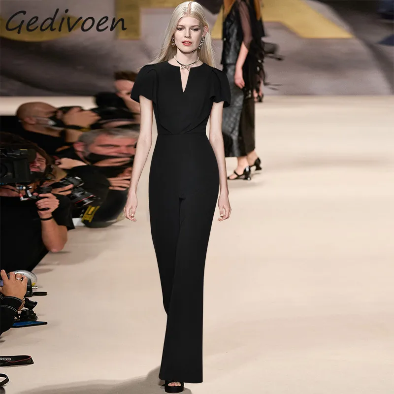 

Gedivoen Summer Fashion Runway Black Vintage Jumpsuits Women's V-Neck Short Sleeve Ruffles Buttock Covering Trousers Jumpsuits