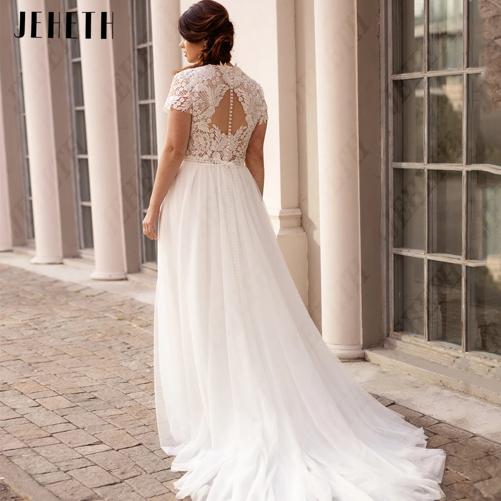 JEHETH Bohemain Chiffon Wedding Dresses Plus Size 2023 Short Sleeves Backless Bride Gowns A-Line Sweep Train vestido de novia