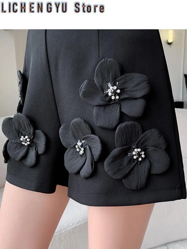 High Waist Beaded Flower Suit Shorts For Women Spring Summer Loose Slimming Versatile Wide Leg Pants