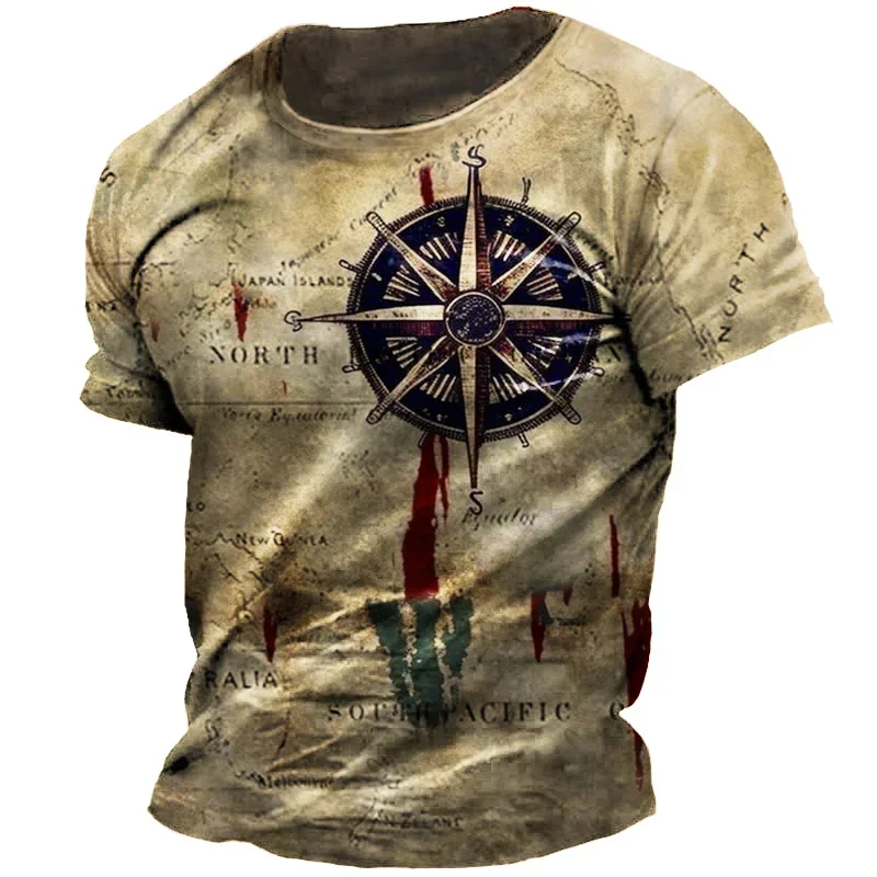 Vintage Men's T-shirt Summer American Shirt Tops Compass Printed Short-sleeve Tees Loose Daily Men Clothing Casual Streetwear 4