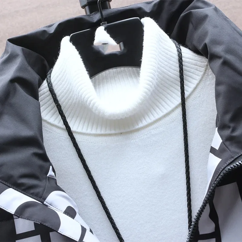 Autumn Winter Men's Turtleneck Solid Gradient Letter Printing Zipper Pocket Long Sleeve Cardigan Coats Fashion Casual Tops