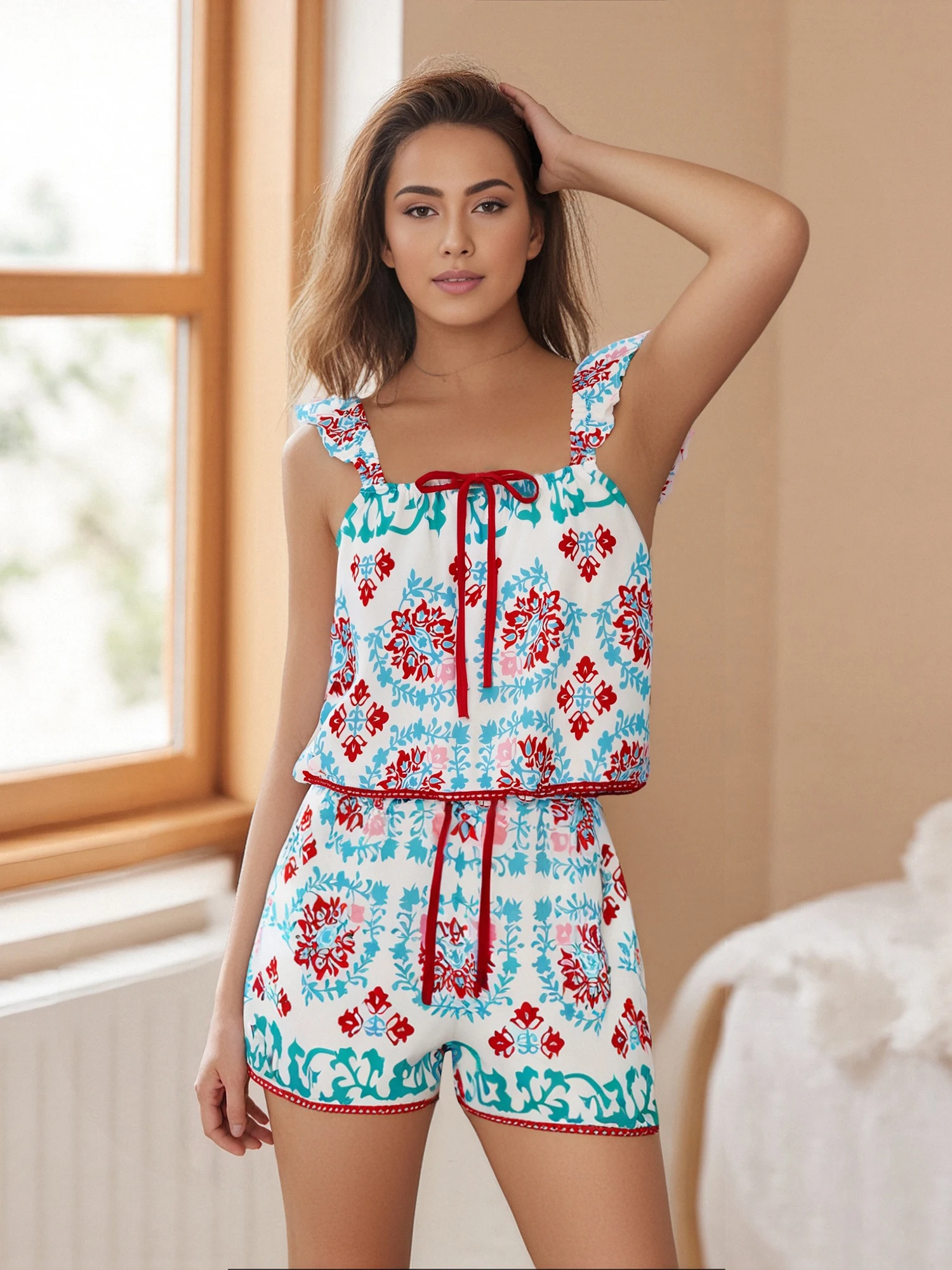 Women s 2 Piece Pajama Set with Cute Floral Print Short Sleeve Top and Cozy Elastic Waist Shorts for Relaxing at Home