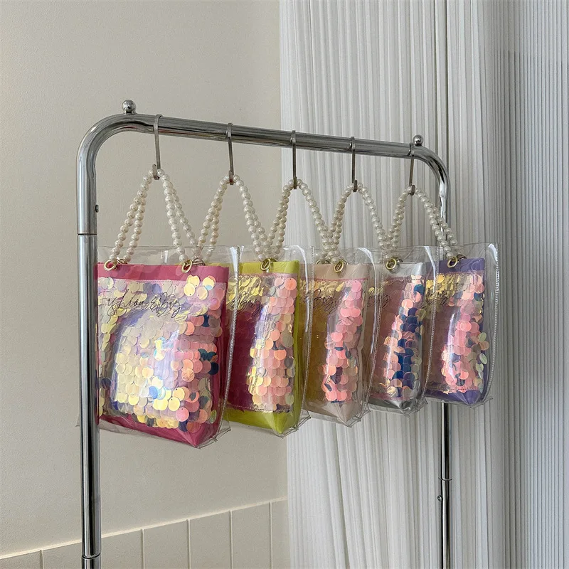 

Женская Сумка 2023, Женская Сумка, прозрачная Сумка-желе с лазерным рисунком, ручная вместительная Сумка на одно плечо из ПВХ с жемчугом