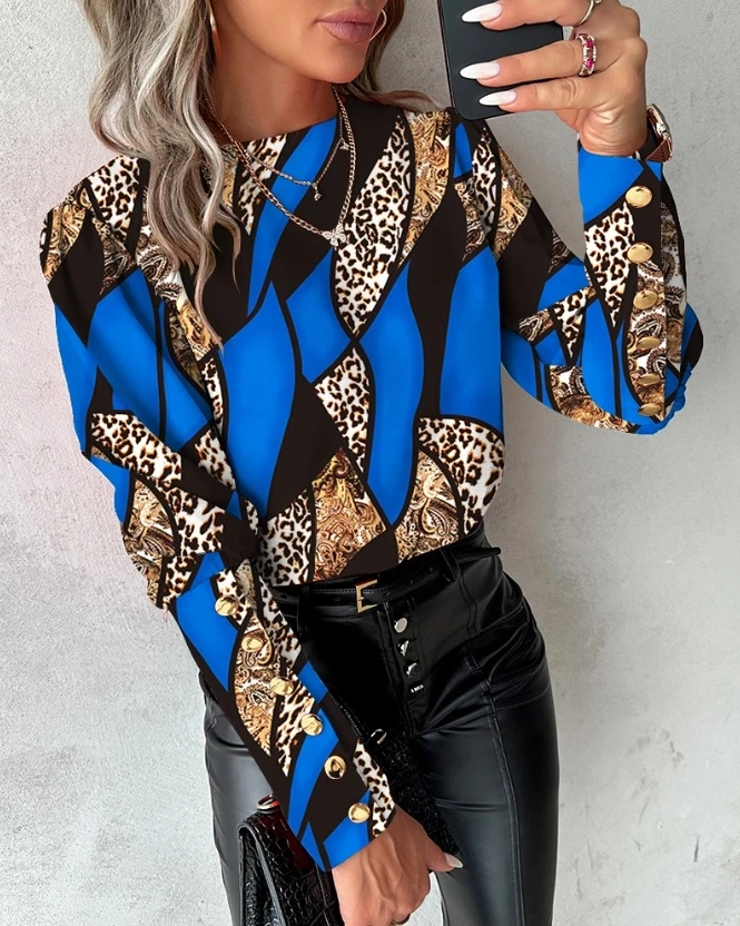 

Fashion Elegant Tops for Women 2024 Baroque Leopard Print O-neck Gigot Long Sleeve Button Back Loose Blouses Top