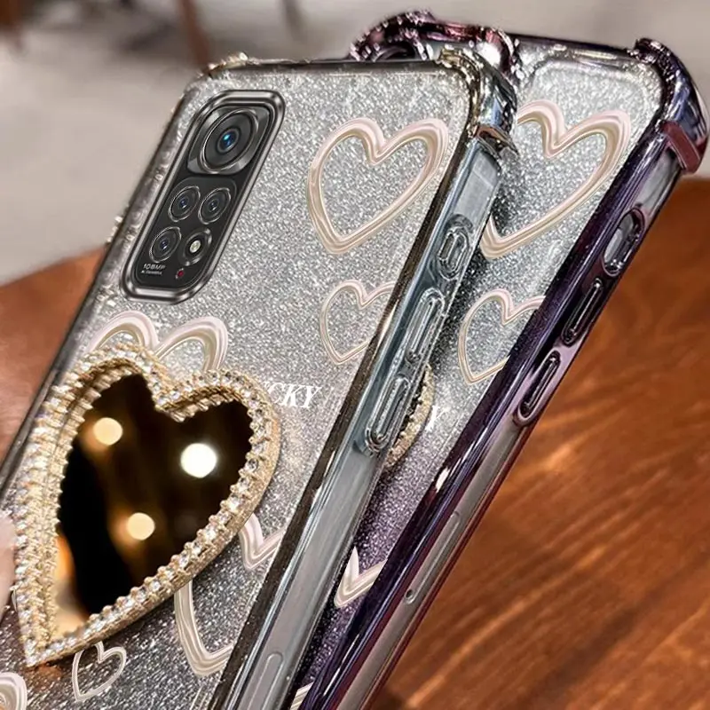 Airbag Strap Glitter Love Heart Mirror Phone Case Cover