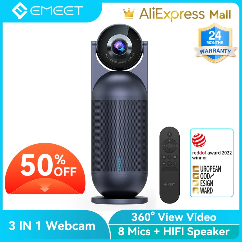 360° Video Conference Camera All-in-One 1080P Webcam W/ 8 Mics and Hi-Fi Speaker EMEET Meeting Capsule