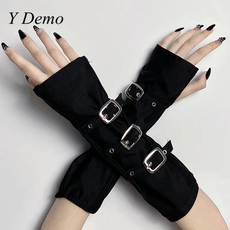 

Y Demo Techwear Gothic Buckles Adjustable Strap Elbow Sleeve Female Black Half Exposed Finger Gloves