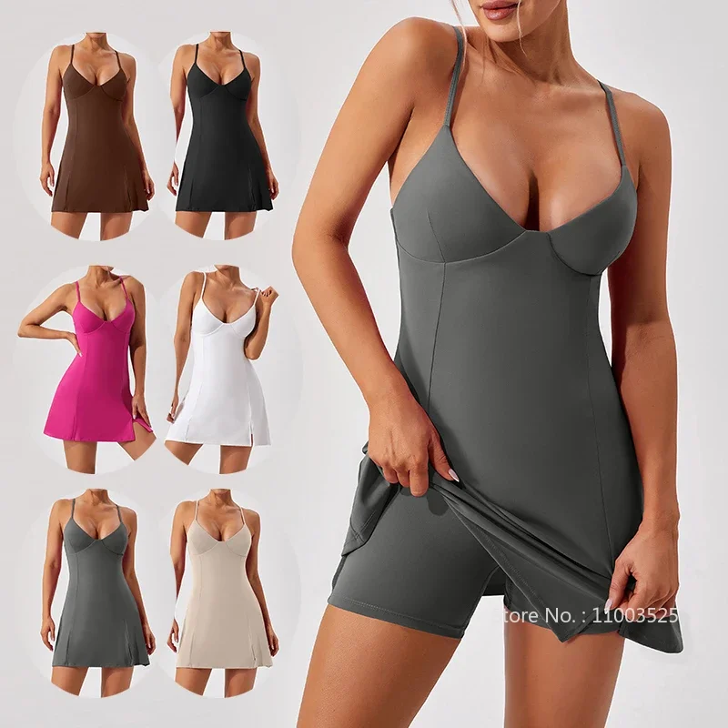 Women Outdoor Sports Tennis Dress Ladies Sexy Straps Yoga Dress Female Casual with Shorts Sports Slip Skirts Backless Sportswear