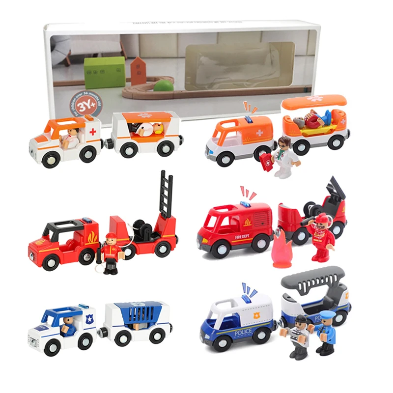 

Magnetic train car ambulance police car car fire truck sound and light compatible toy car wood track children's scene game toy