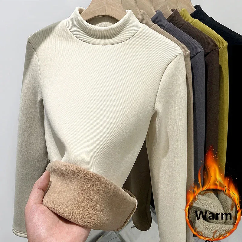 

Thicken Half Turtleneck Tops Women Winter Plush Velvet Lined Warm Pullover Bottoming T Shirts Long Sleeve Slim Fleece Camisetas