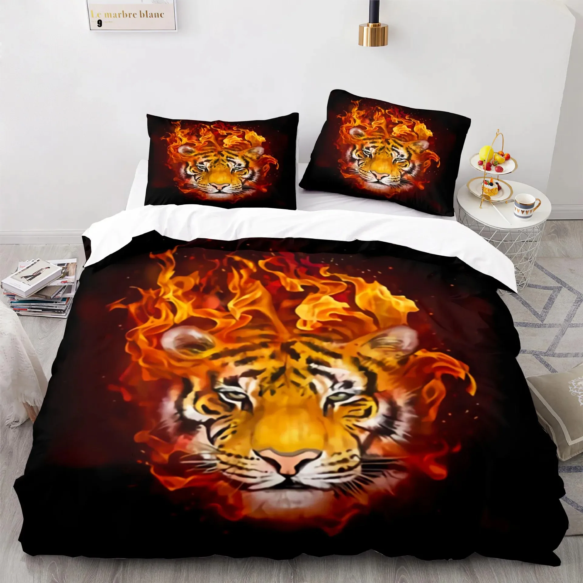 Flame Tiger 3D Bedding Set Cool Golden Duvet Cover Pillowcases Quilt Cover Gift Single Double Twin King Queen Polyester