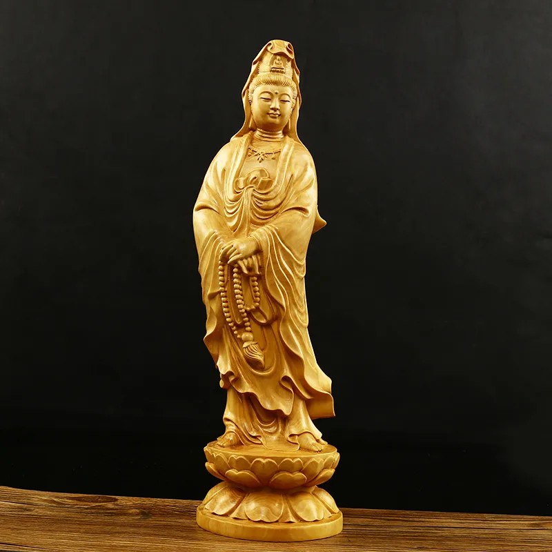 

3 Sizes Offered Yellow Boxwood Carving Chinese Buddhist Guanyin Bodhisattva Delicate Figurine Decorate Putting Ornaments