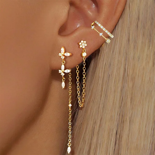 Ensemble de 3 paires de boucles d'oreilles de luxe pour femmes, motif fleur, papillon, chaîne à pampilles, en zircon, avec clips d'oreille sans perçage, bijoux de style urbain