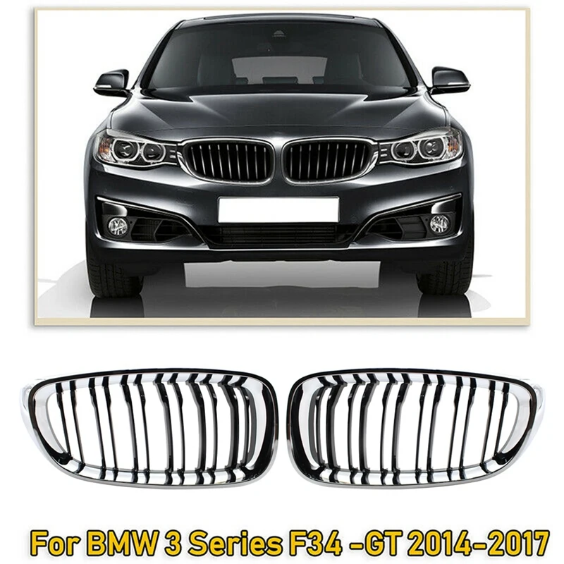전면 키드니 그릴 더블 슬레이트 크롬 실버 블랙 그릴, Bmw 3 시리즈 Gt F34 2014-2017 320I 328I 335I Xdrive용