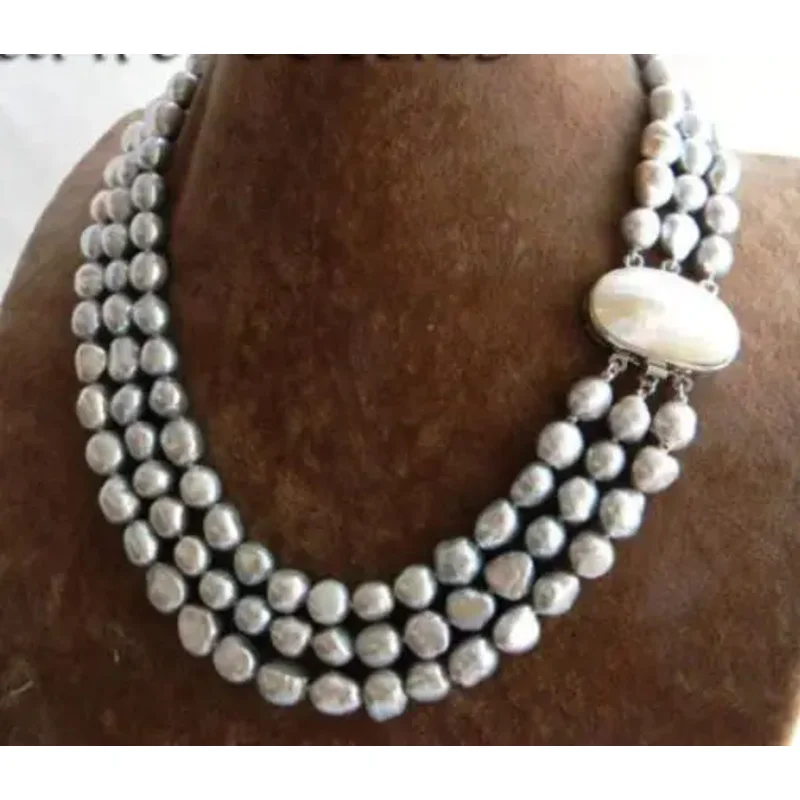 

3 Strands 18'' 9mm Gray Baroque Freshwater Pearl Nelace