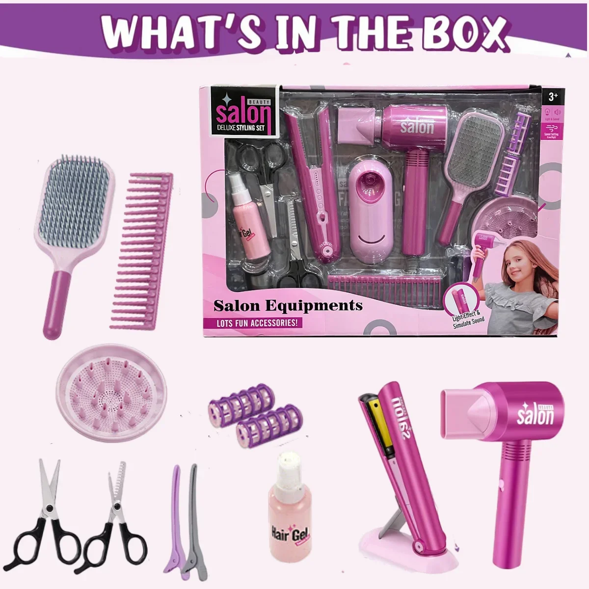 14pcs Hair Salon Pretend Play Toys for Girls, Makeup Playset Toddler Dress Up Beauty Stylist Kit, Hairdryer&Straightener, Gift