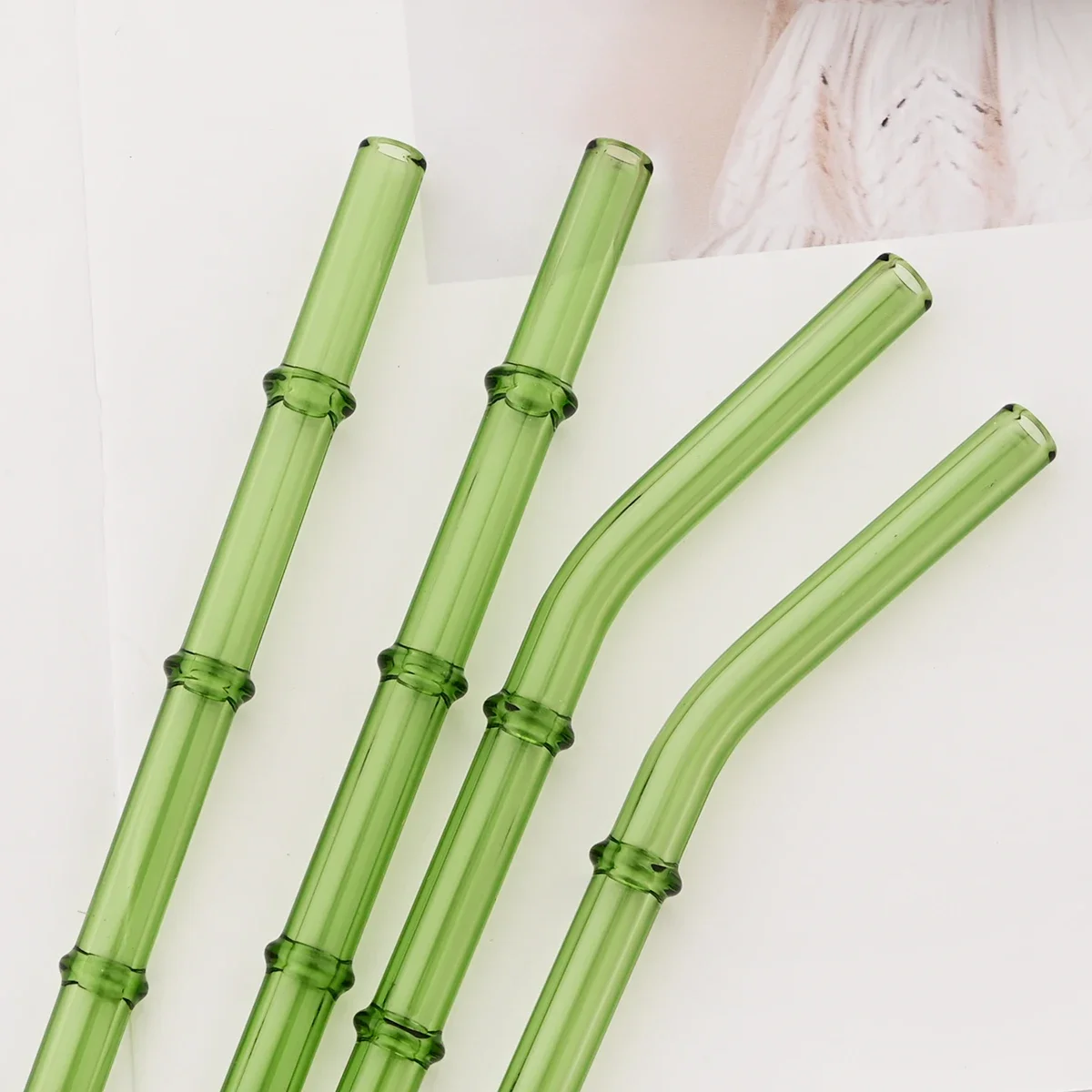 Eco-Friendly Bamboo-Style Reusable Glass Straw Set with Cleaning Brush - Green