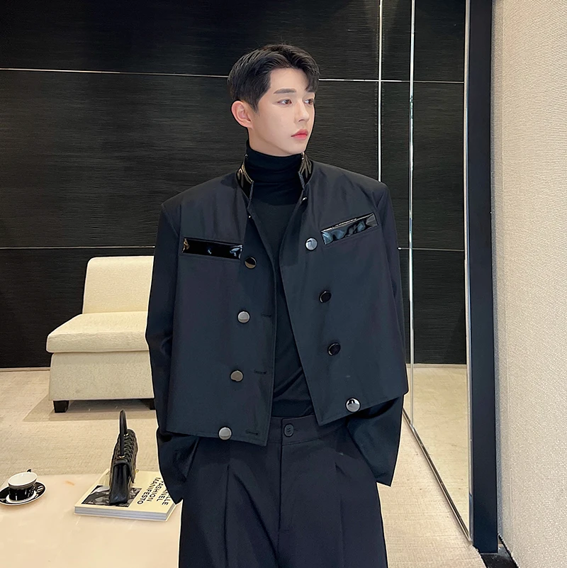 Men Metal Buckle PU Leather Splice Stand Collar Double Breasted