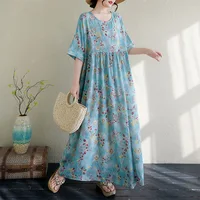 Bohemian Long Dress Thin Cotton Linen round Neck Short Sleeve Women's Style Floral Pattern Summer Fashion Bohemian Maxi Dress